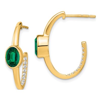 14K Yellow Gold 1/6 ct tw 24mm Lab-Created Emerald & Diamond J- Hoop Earrings