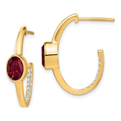 14K Yellow Gold 1/6 ct tw 24mm Lab-Created Ruby & Diamond J- Hoop Earrings