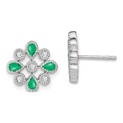 14K White Gold 1/7 ct tw Pear Emerald & Diamond Floral Stud Earrings