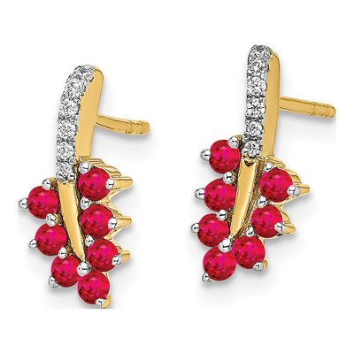 14K Yellow Gold 1/20 ct tw Ruby & Diamond Leaf Dangle Earrings – view 2