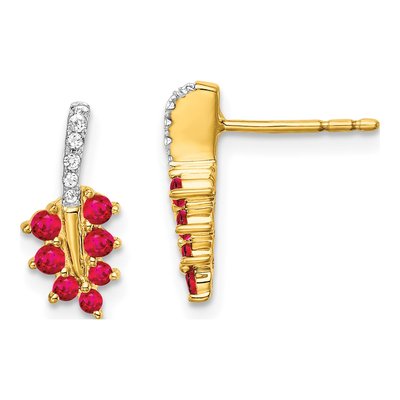 14K Yellow Gold 1/20 ct tw Ruby & Diamond Leaf Dangle Earrings