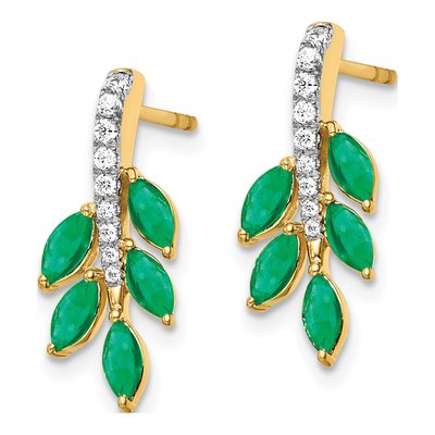 14K Yellow Gold 1/10 ct tw Emerald & Diamond Leaf Dangle Earrings – view 2