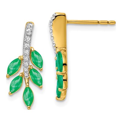 14K Yellow Gold 1/10 ct tw Emerald & Diamond Leaf Dangle Earrings