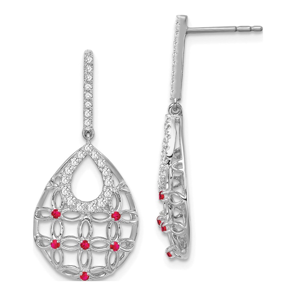 14K White Gold 1/3 ct tw Ruby & Diamond Teardrop Dangle Earrings