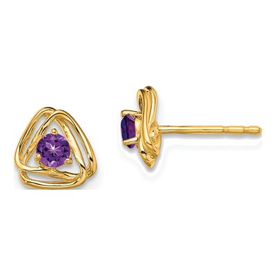 14K Yellow Gold 3mm Round Amethyst Birthstone Stud Earrings