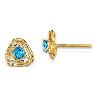 14K Yellow Gold 3mm Round Swiss Blue Topaz Triangle Stud Earrings