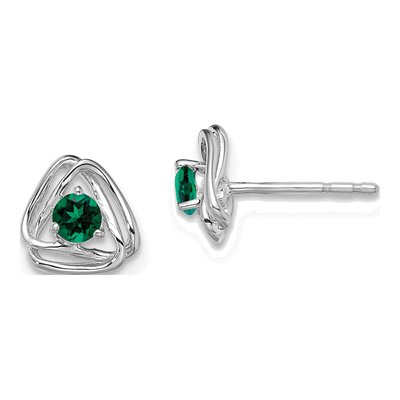 14K White Gold 3mm Round Lab-Created Emerald May Birthstone Stud Earrings