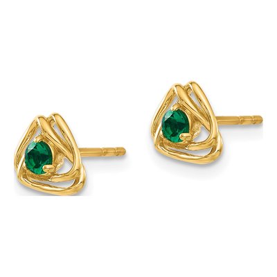 14K Yellow Gold 3mm Round Lab-Created Emerald Button Stud Earrings – view 2