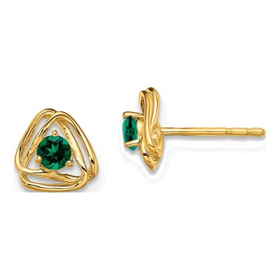 14K Yellow Gold 3mm Round Lab-Created Emerald Button Stud Earrings