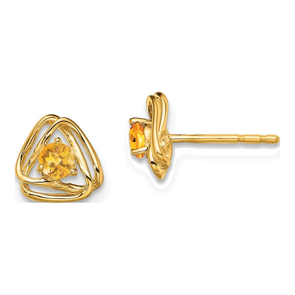 14K Yellow Gold 3mm Round Citrine Triangle Stud Earrings
