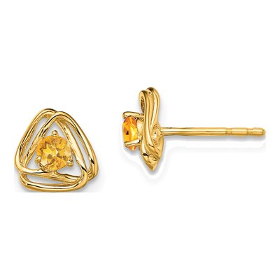 14K Yellow Gold 3mm Round Citrine Triangle Stud Earrings