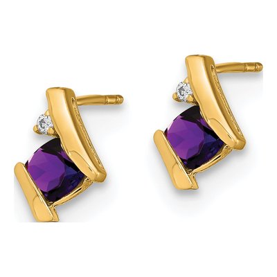 10K Yellow Gold 4mm Cushion Amethyst & Diamond Birthstone Stud Earrings – view 2