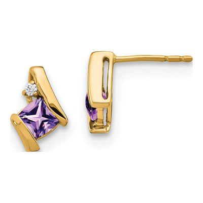 10K Yellow Gold 4mm Cushion Amethyst & Diamond Birthstone Stud Earrings