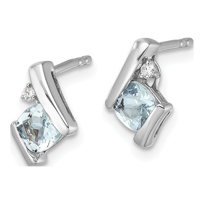 10K White Gold 4mm Cushion Aquamarine & Diamond Stud Earrings – view 3