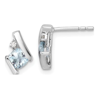10K White Gold 4mm Cushion Aquamarine & Diamond Stud Earrings