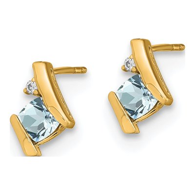 10K Yellow Gold 4mm Aquamarine & Diamond Cushion March Stud Earrings – view 2