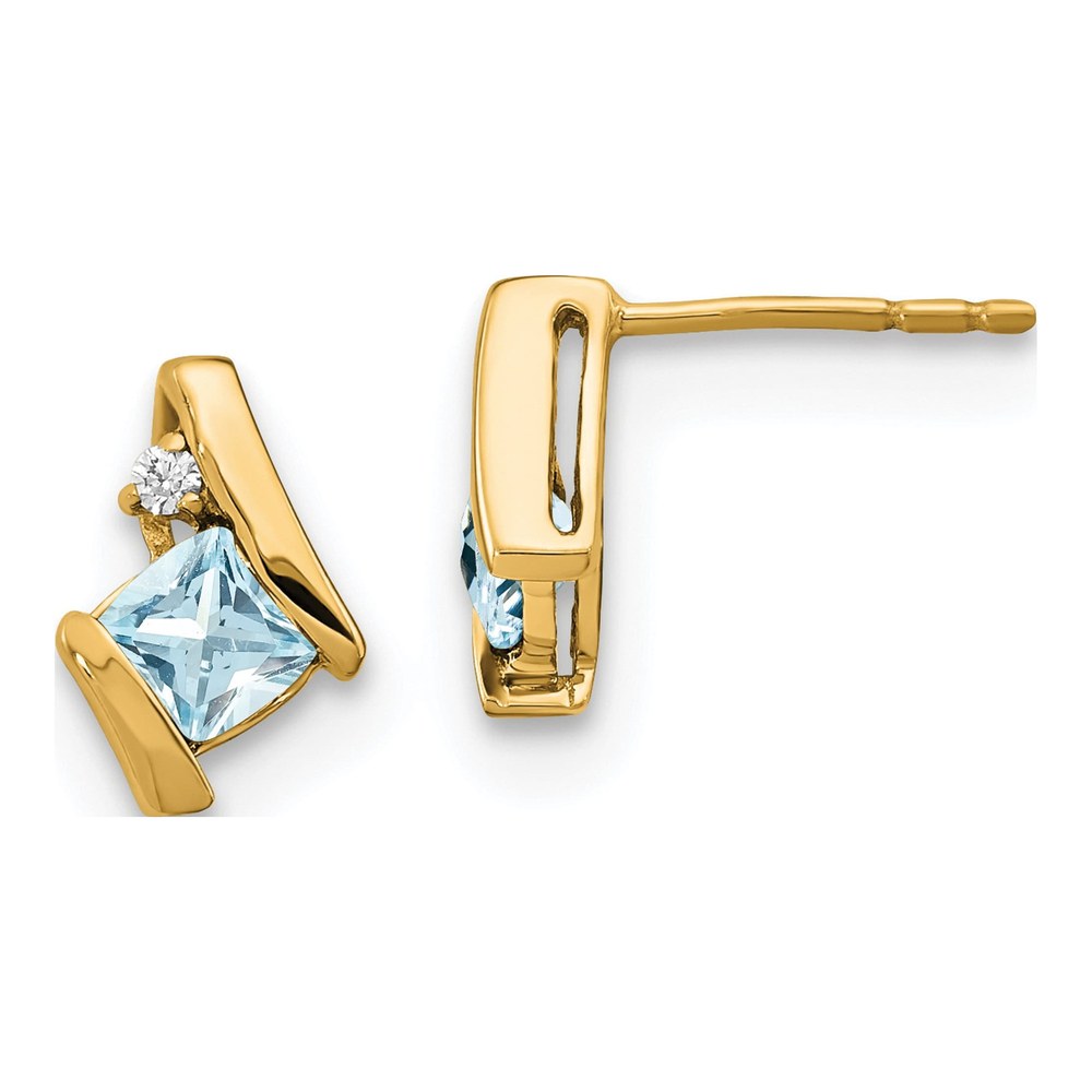 10K Yellow Gold 4mm Aquamarine & Diamond Cushion March Stud Earrings