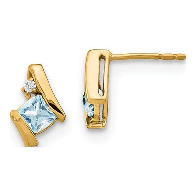 10K Yellow Gold 4mm Aquamarine & Diamond Cushion March Stud Earrings