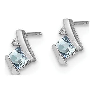Sterling Silver 4mm Cushion Aquamarine & Diamond Button Stud Earrings – view 3