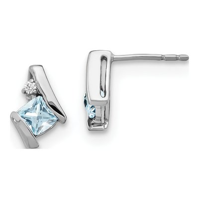 14K White Gold 4mm Cushion Aquamarine & Diamond Stud Earrings
