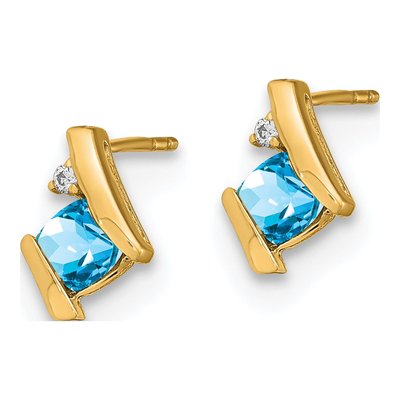 10K Yellow Gold 4mm Cushion Swiss Blue Topaz & Diamond December Stud Earrings – view 2