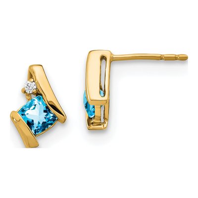 10K Yellow Gold 4mm Cushion Swiss Blue Topaz & Diamond December Stud Earrings