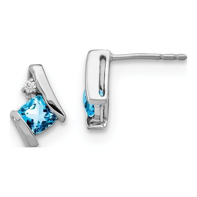 Sterling Silver 4mm Swiss Blue Topaz & Diamond Cushion Stud Earrings