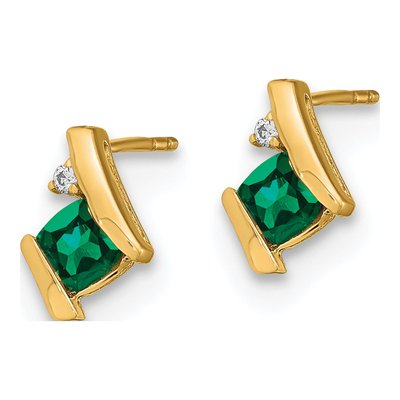 10K Yellow Gold 4mm Cushion Lab-Created Emerald & Diamond Button Stud Earrings – view 2