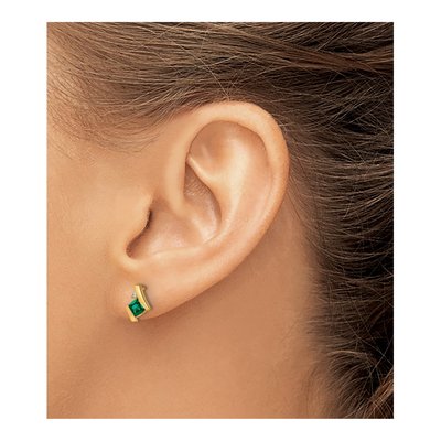 10K Yellow Gold 4mm Cushion Lab-Created Emerald & Diamond Button Stud Earrings – view 3