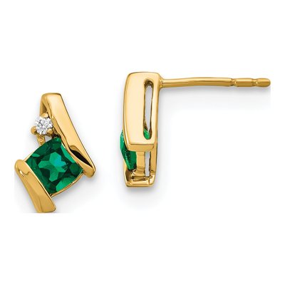 10K Yellow Gold 4mm Cushion Lab-Created Emerald & Diamond Button Stud Earrings