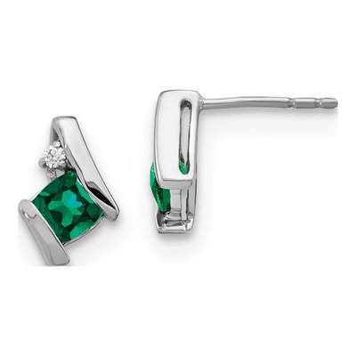 Sterling Silver 4mm Lab-Created Emerald & Diamond Antique Cushion Stud Earrings