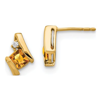 10K Yellow Gold 4mm Cushion Citrine & Diamond Birthstone Stud Earrings