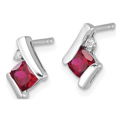 10K White Gold 4mm Cushion Lab-Created Ruby & Diamond July Birthstone Stud Earrings – view 3