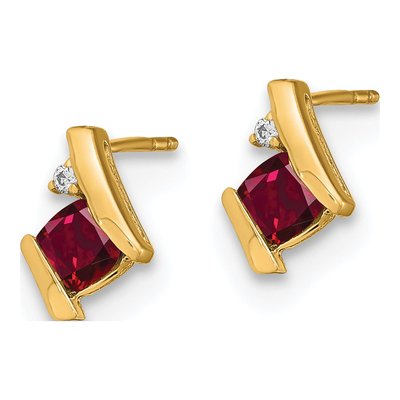 10K Yellow Gold 4mm Cushion Lab-Created Ruby & Diamond Birthstone Stud Earrings – view 2