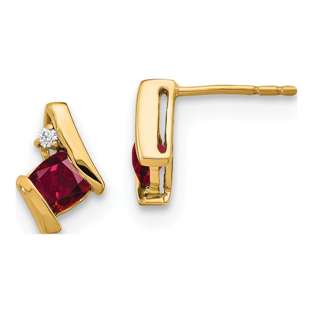 10K Yellow Gold 4mm Cushion Lab-Created Ruby & Diamond Birthstone Stud Earrings