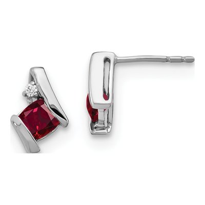 14K White Gold 4mm Cushion Lab-Created Ruby & Diamond Button Stud Earrings