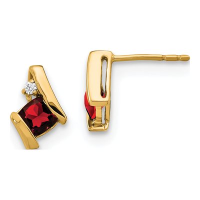 10K Yellow Gold 4mm Cushion Garnet & Diamond Birthstone Stud Earrings