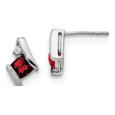 14K White Gold 4mm Cushion Garnet & Diamond January Stud Earrings