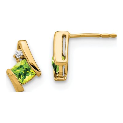 10K Yellow Gold 4mm Cushion Peridot & Diamond Stud Earrings
