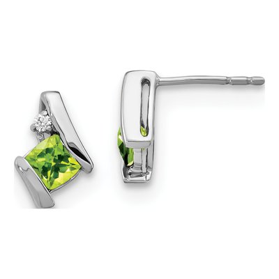 14K White Gold 4mm Cushion Peridot & Diamond August Birthstone Stud Earrings