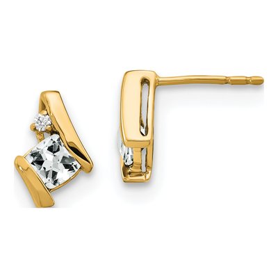 10K Yellow Gold 4mm Cushion White Topaz & Diamond Birthstone Stud Earrings