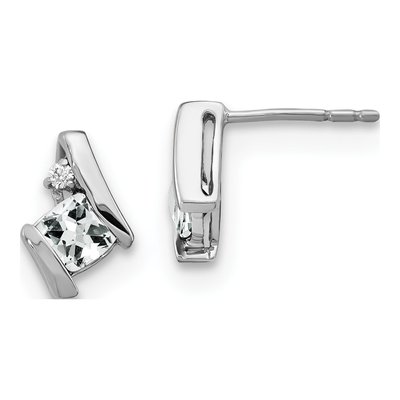 14K White Gold 4mm White Topaz & Diamond Cushion April Stud Earrings