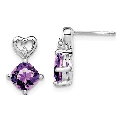 14K White Gold Amethyst & Diamond Heart Dangle Earrings