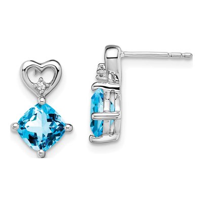 14K White Gold Swiss Blue Topaz & Diamond Heart Dangle Earrings