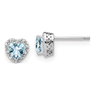 Sterling Silver 1/10 ct tw 5mm Aquamarine & Diamond Heart Stud Earrings