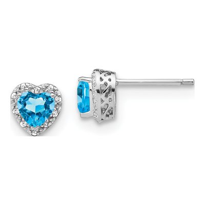 Sterling Silver 1/10 ct tw 5mm Swiss Blue Topaz & Diamond Heart Stud Earrings
