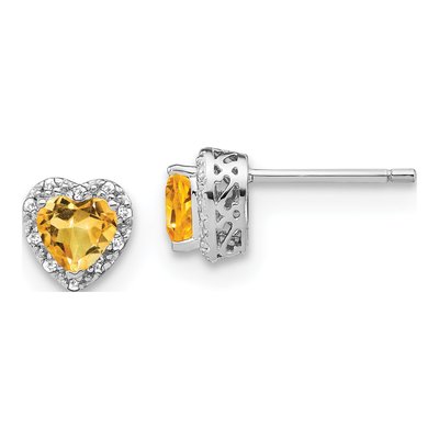 Sterling Silver 1/10 ct tw 5mm Citrine & Diamond Heart Stud Earrings