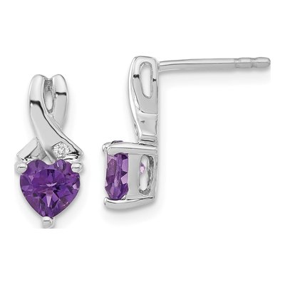 Sterling Silver Amethyst & Diamond Heart Dangle Earrings