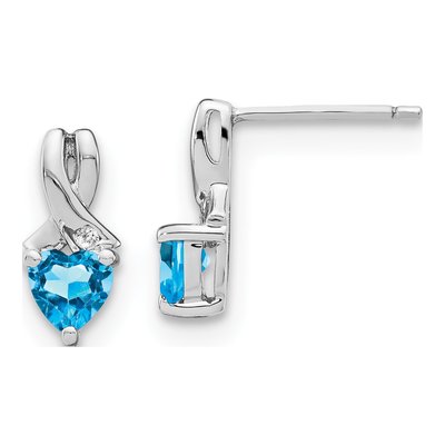 Sterling Silver Swiss Blue Topaz & Diamond Heart Dangle Earrings