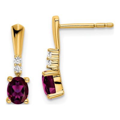 14K Yellow Gold Rhodolite Garnet & Diamond Oval June Dangle Earrings